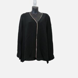 Eileen Fisher Size Large Silk Button Down Blouse Top Black Long Sleeve V Neck